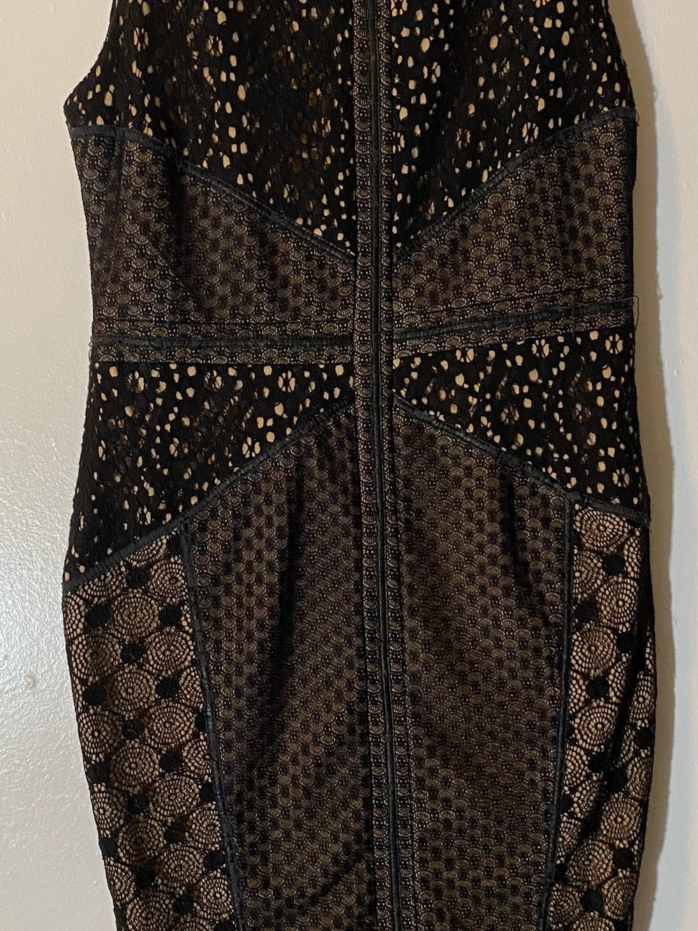 HEART LOOM -Textured Black and Beige Lace Bodycon fitted Dress lightly lined - S